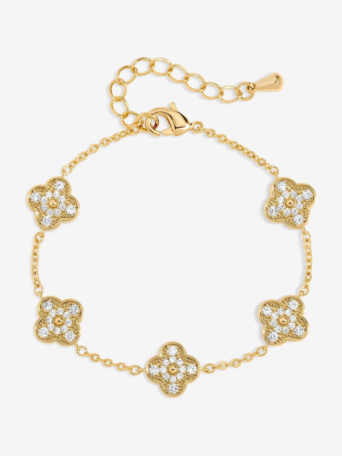 Gold Plated Pave Clover Bracelet with Lobster Clasp and Extender Chain