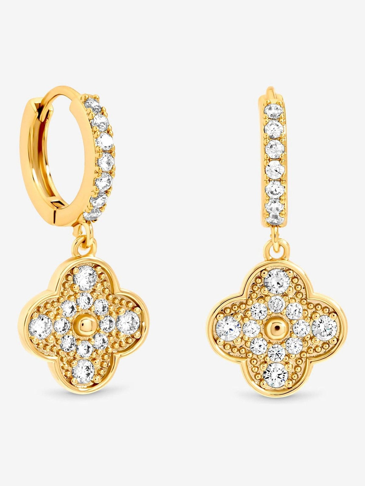 Gold Plated Pave Clover Stud Earrings 25mm Length