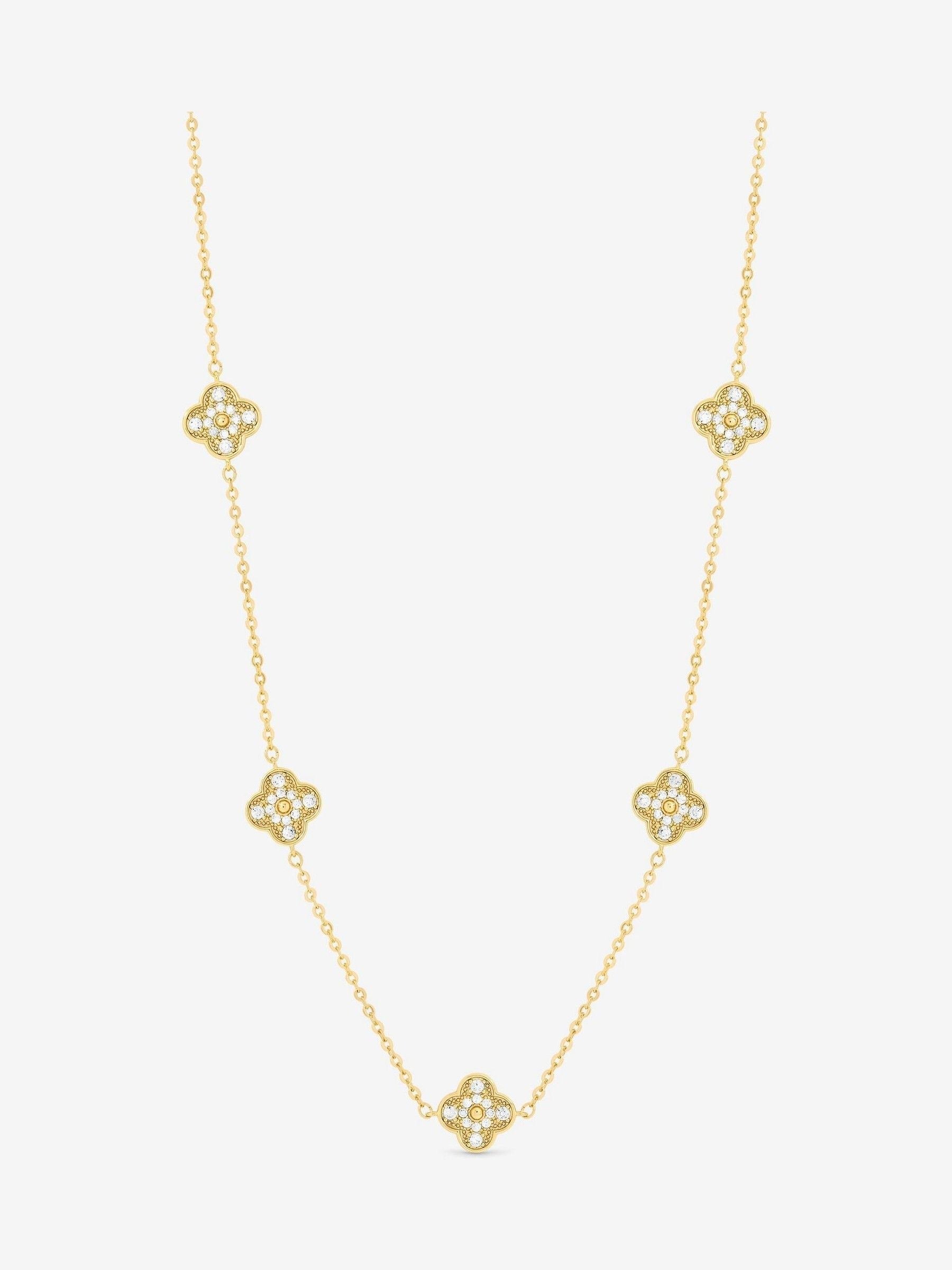Gold Plated Clover Necklace with Pave Crystals and Jet, 17' Chain and Extender