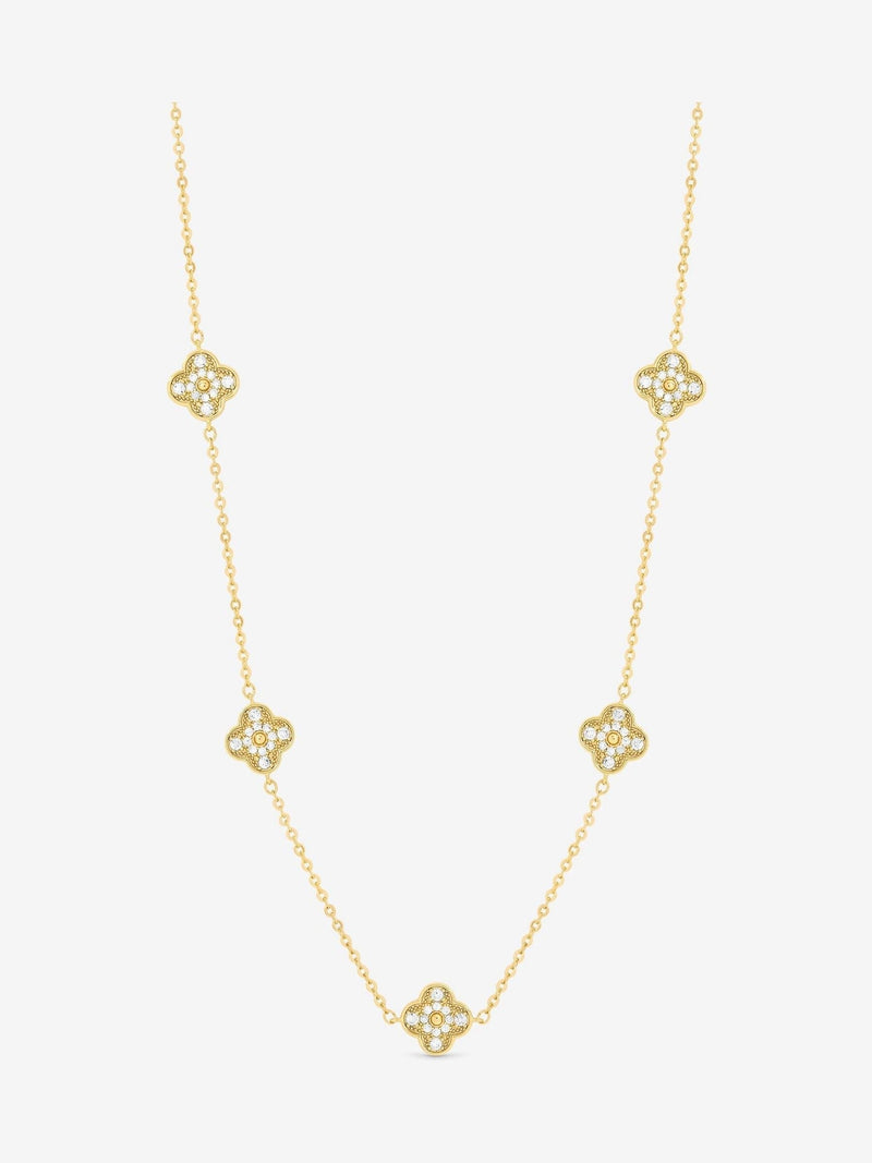 Gold Plated Clover Necklace with Pave Crystals and Jet, 17' Chain and Extender