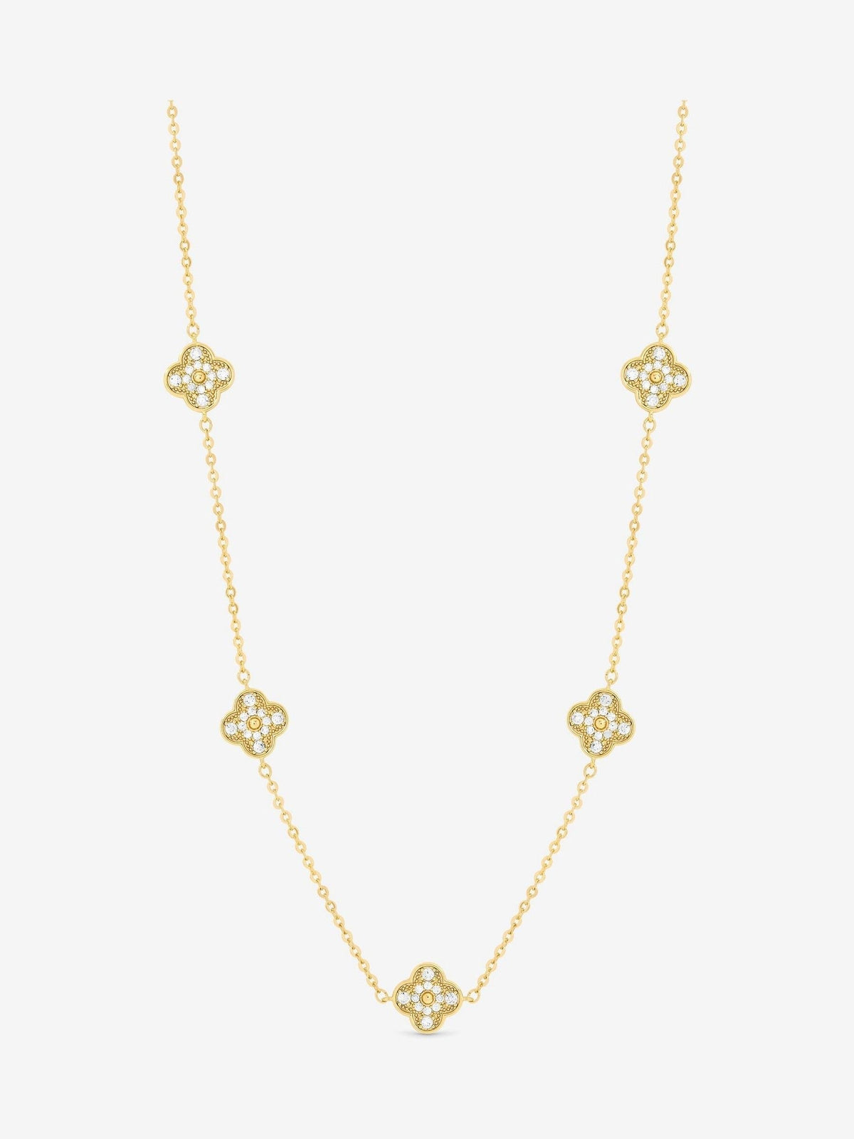 Gold Plated Clover Necklace with Pave Crystals and Jet, 17' Chain and Extender