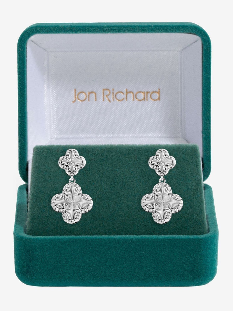 Jon Richard Clover Drop Earrings Rhodium Plated 30mm length, UK version