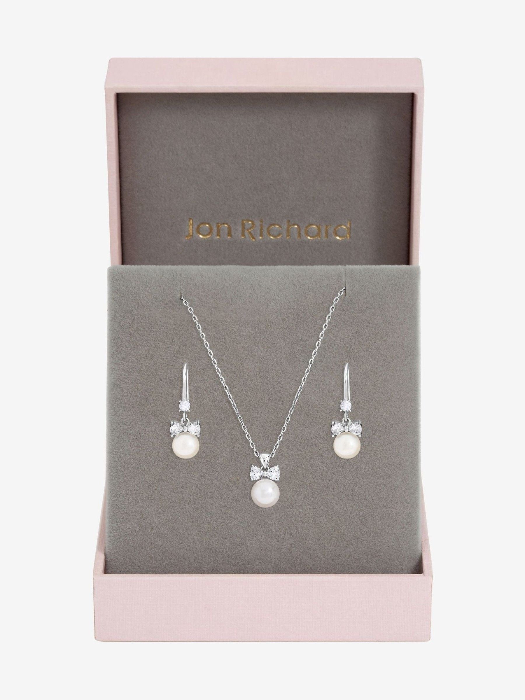 Rhodium Plated Crystal Bow and Pearl Drop Necklace Set with 16 Inch Chain