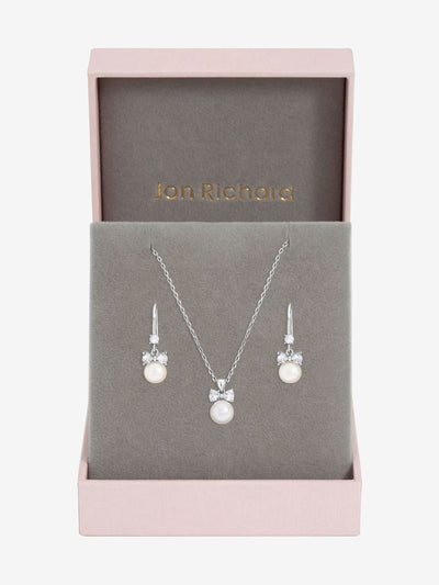 Rhodium Plated Crystal Bow and Pearl Drop Necklace Set with 16 Inch Chain