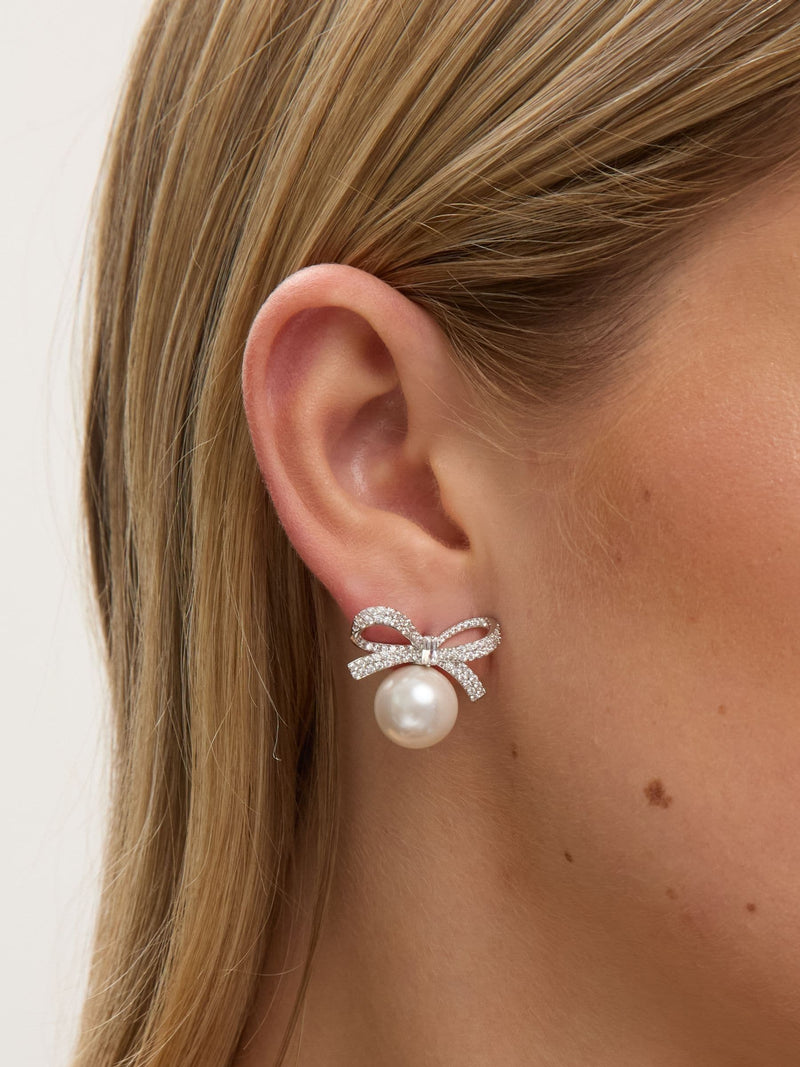 Crystal Bow and Pearl Earrings with Rhodium Plating, 20mm Length
