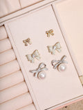 Crystal Bow and Pearl Earrings with Rhodium Plating, 20mm Length