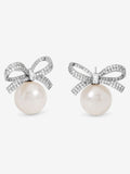 Crystal Bow and Pearl Earrings with Rhodium Plating, 20mm Length