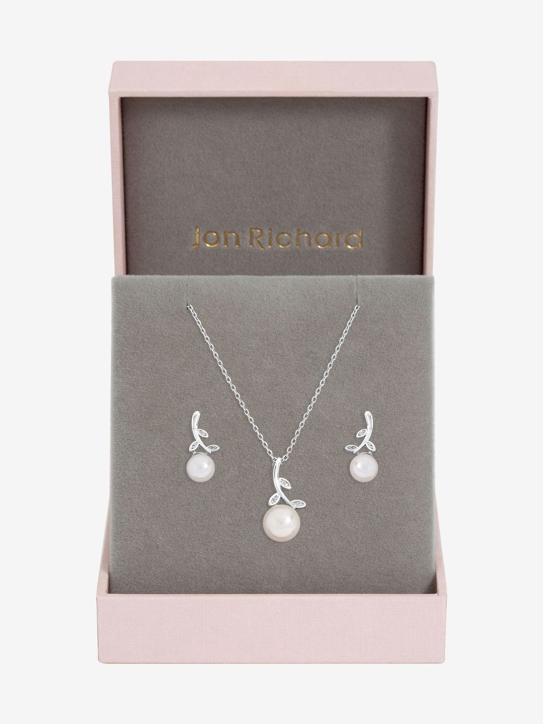 Rhodium Plated Crystal Leaf and Pearl Drop Jewellery Set with Gift Box