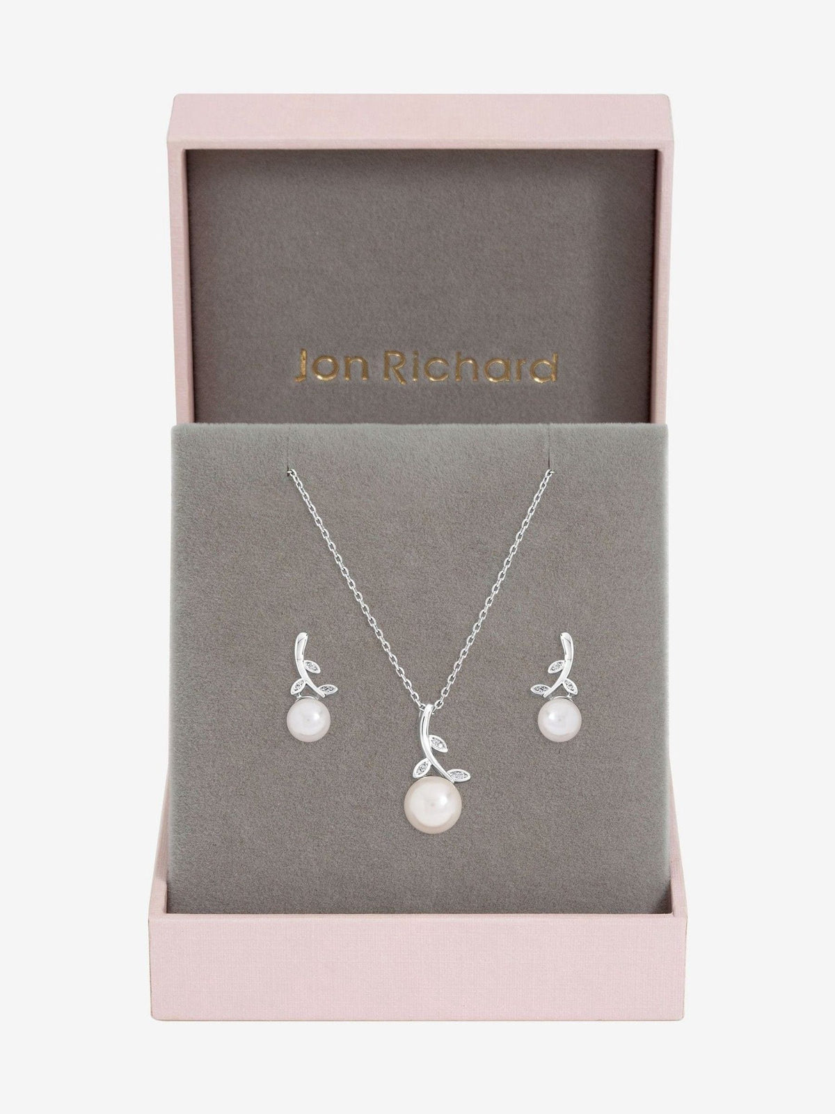 Rhodium Plated Crystal Leaf and Pearl Drop Jewellery Set with Gift Box