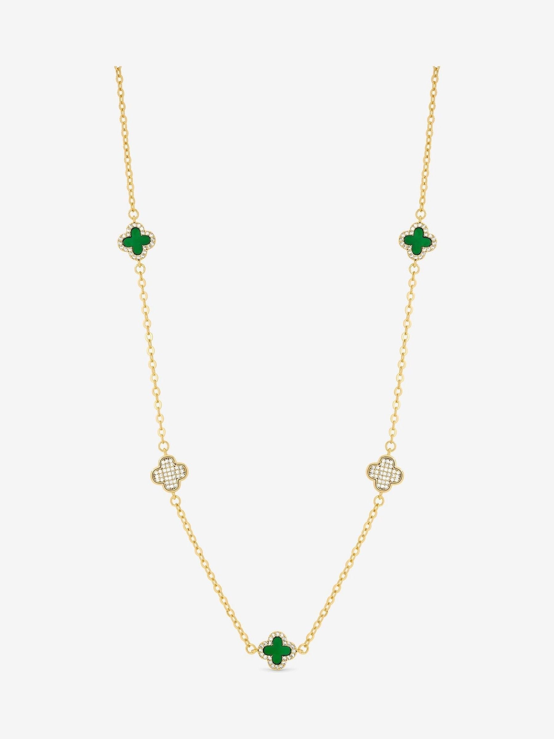 Gold Plated Clover Necklace with Pave Crystals and Jet, 17' Chain and Extender