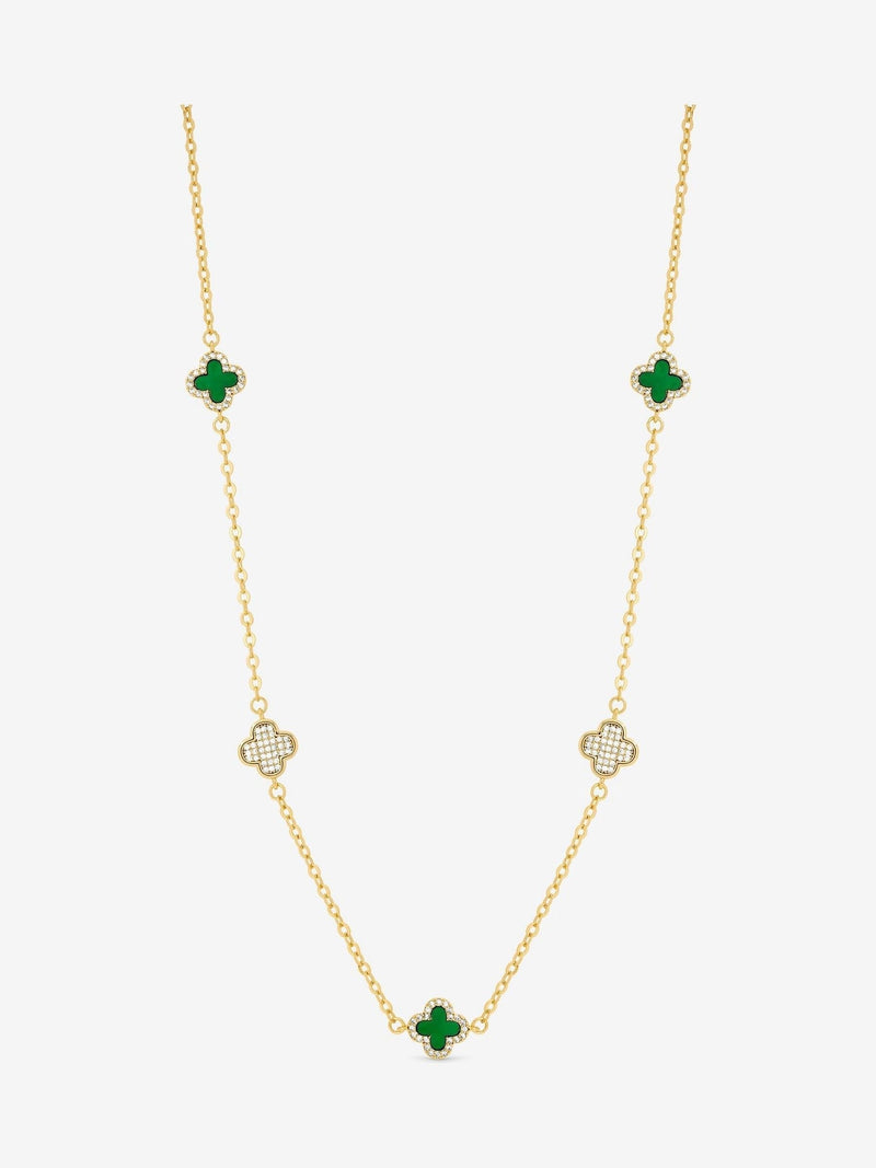 Gold Plated Clover Necklace with Pave Crystals and Jet, 17' Chain and Extender