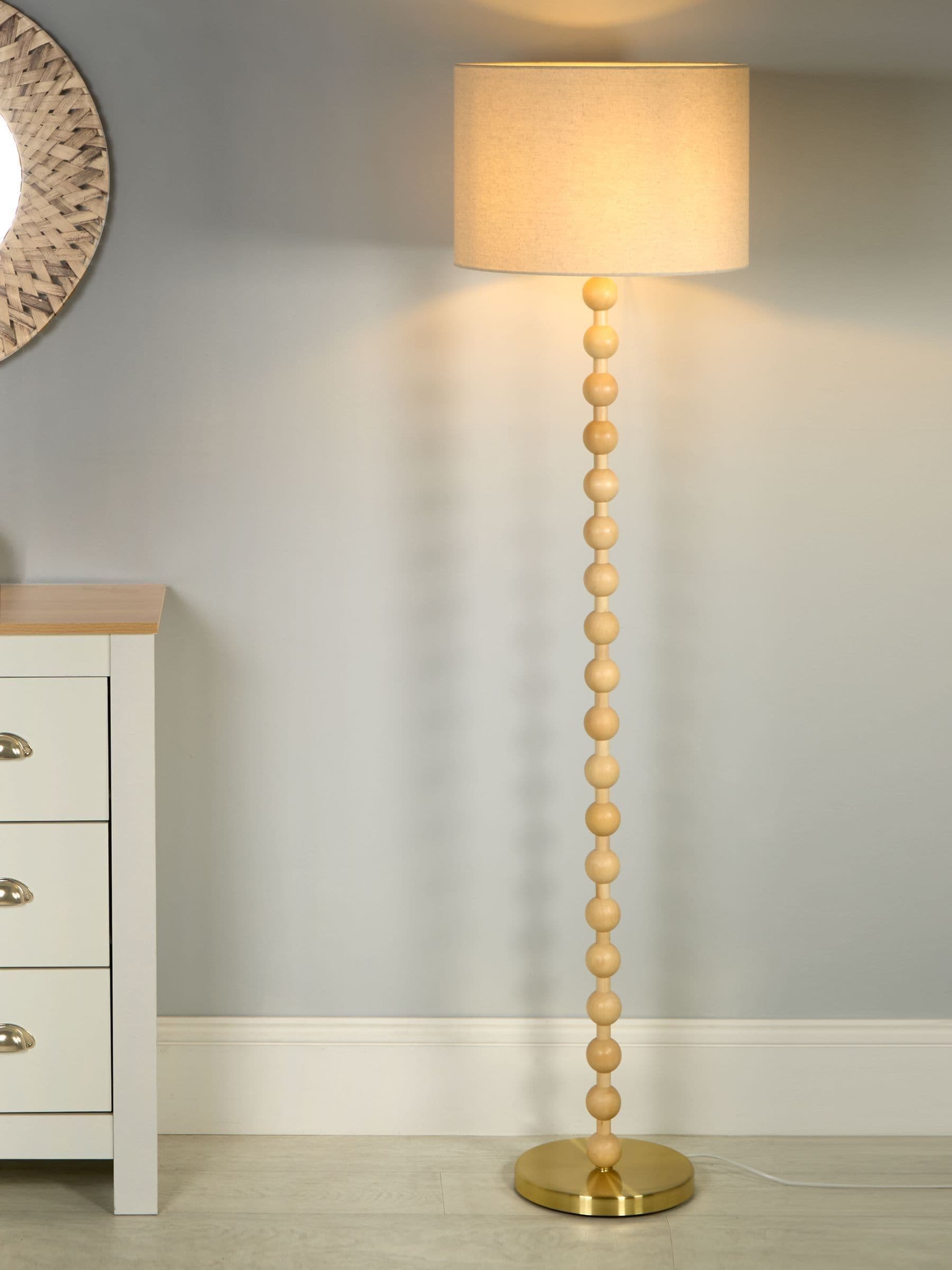 Searchlight Beige Orbie floor lamp, wood base, linen shade, UK version