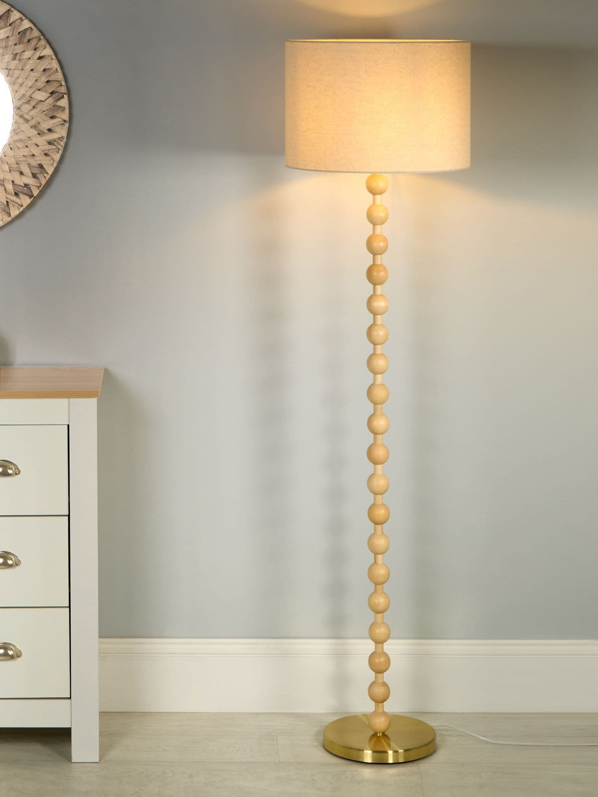 Searchlight Beige Orbie floor lamp, wood base, linen shade, UK version