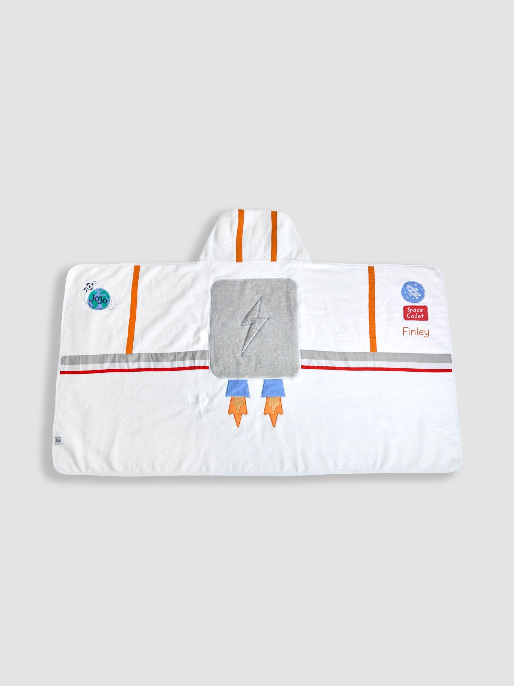 JoJo Maman Bébé white personalised space astronaut hooded towel (British brand)