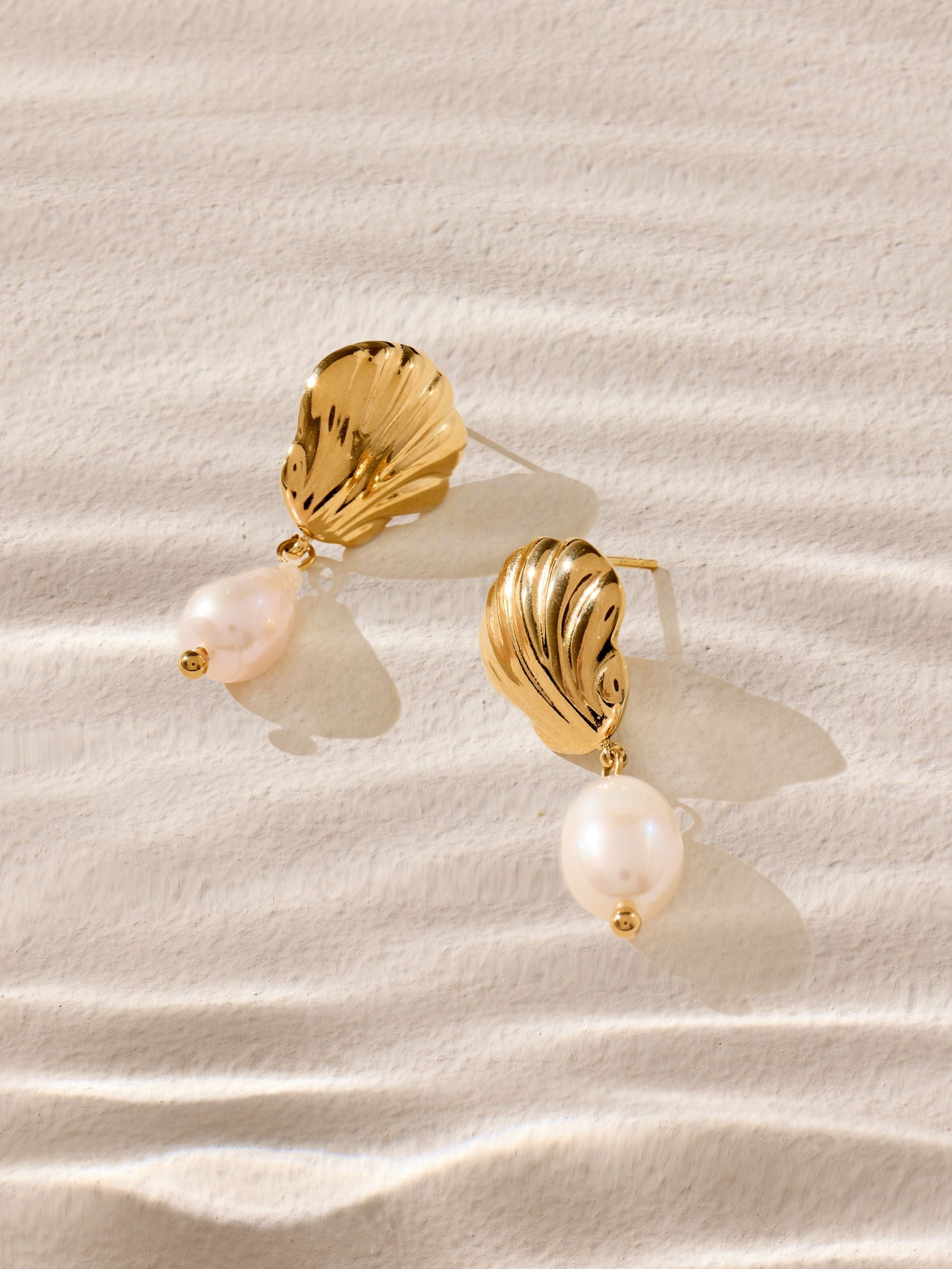 Gold Tone Waterproof Stainless Steel Shell Pearl Drop Earrings