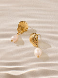 Gold Tone Waterproof Stainless Steel Shell Pearl Drop Earrings