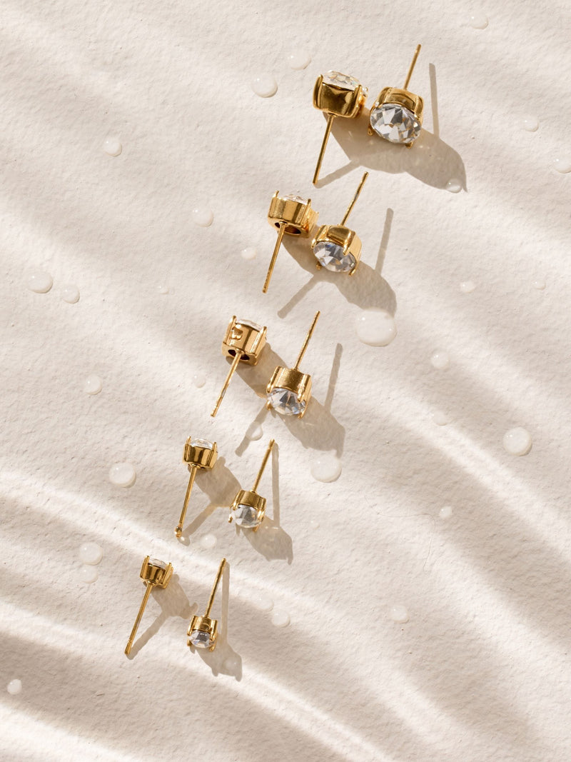 Gold tone stainless steel sparkle stud earrings 5-pack, imported from the UK