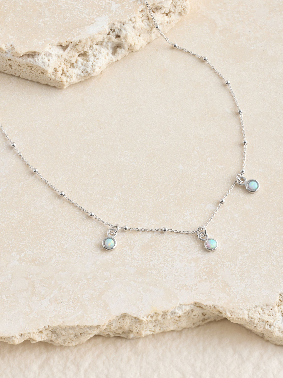 Sterling silver opal drop necklace with ball chain - British product