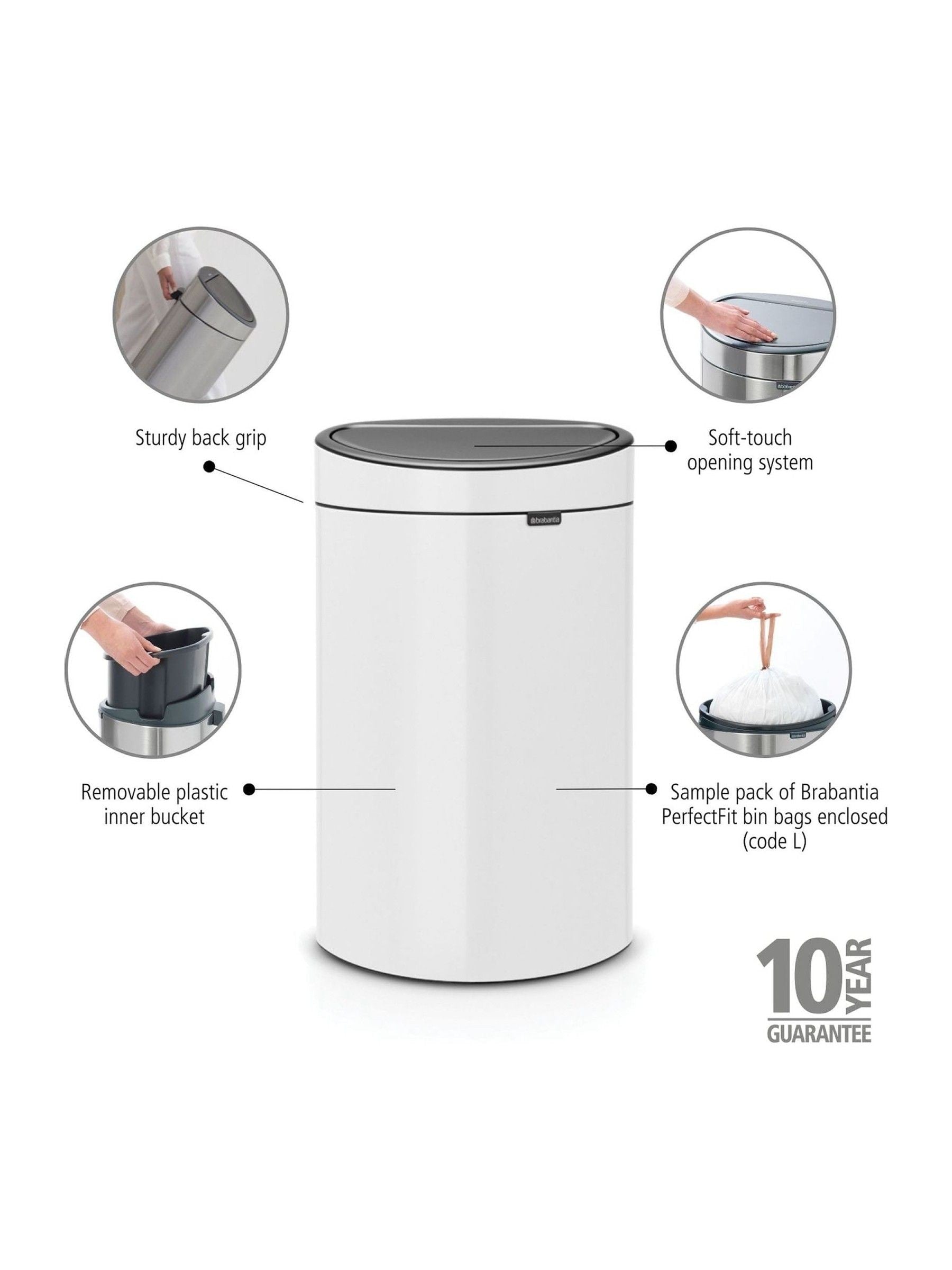 Brabantia white kitchen bin 40L - British product