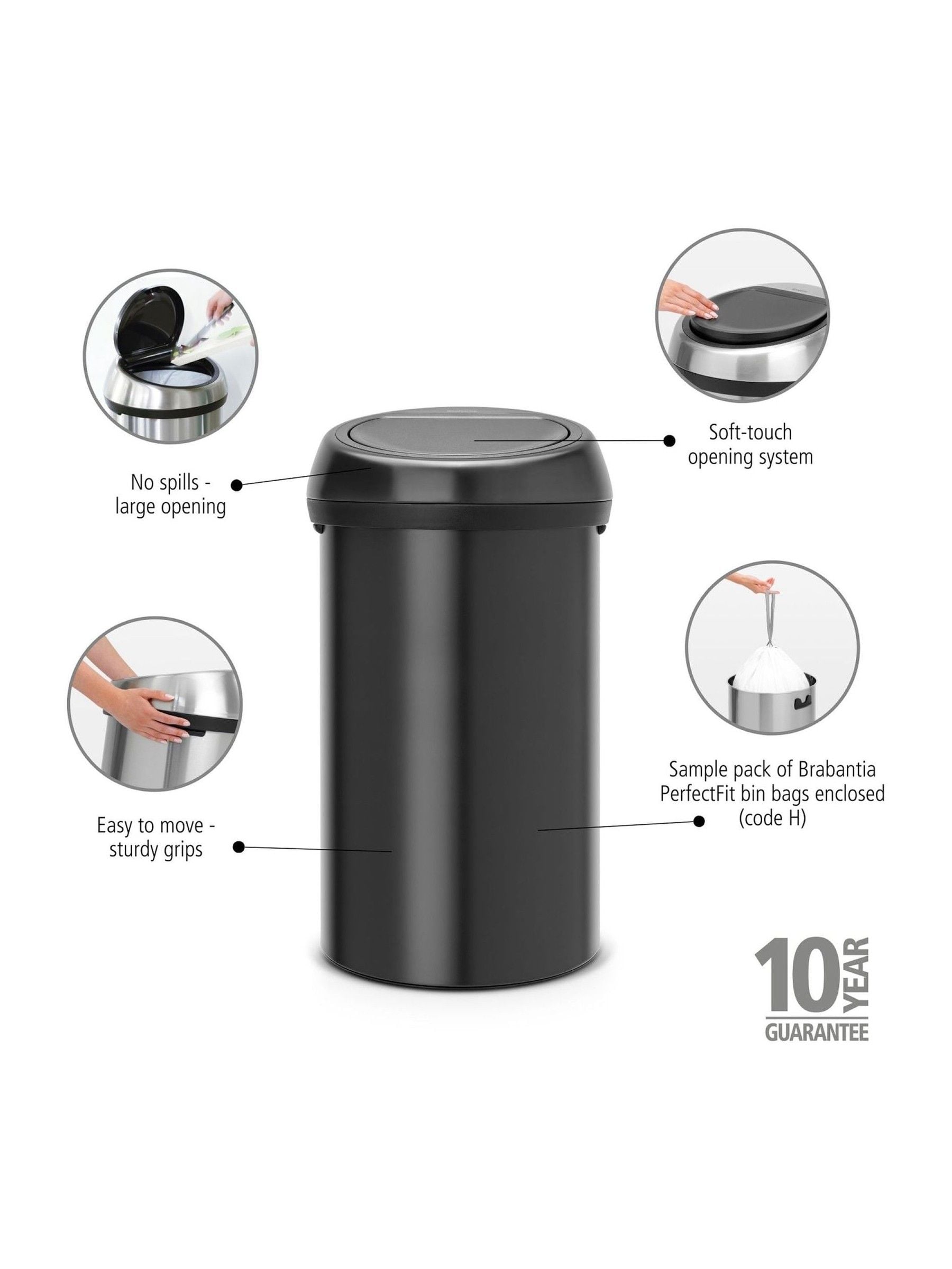 Brabantia Matt Black Touch Bin 60L