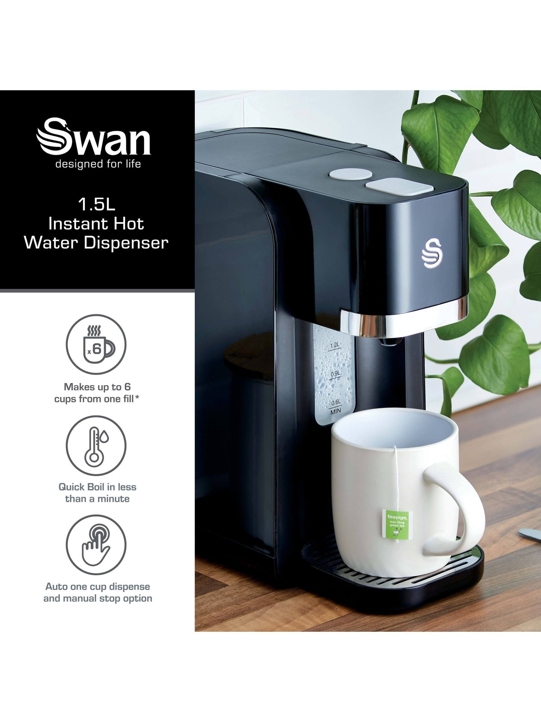 Swan black 1.5L instant hot water dispenser, UK version