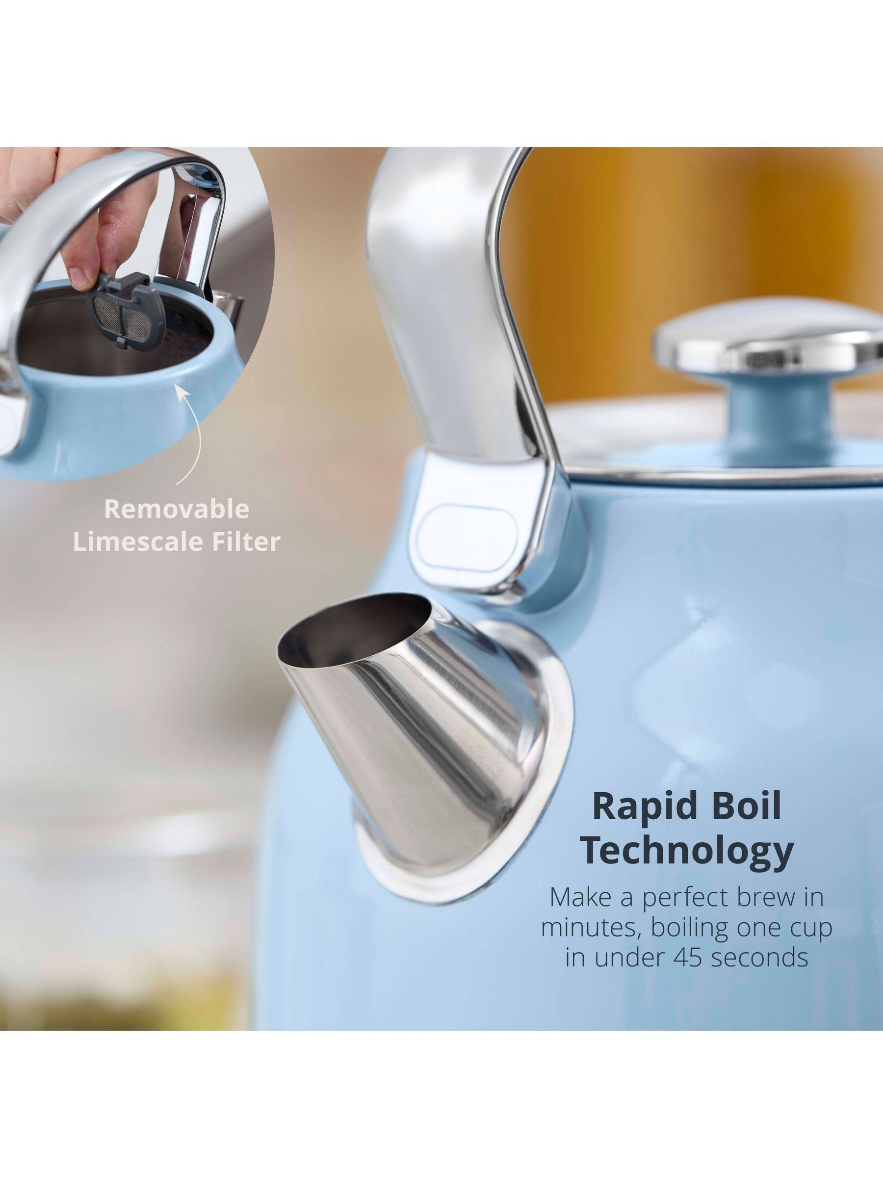 Swan Blue 1.7L Retro Kettle, imported from the UK
