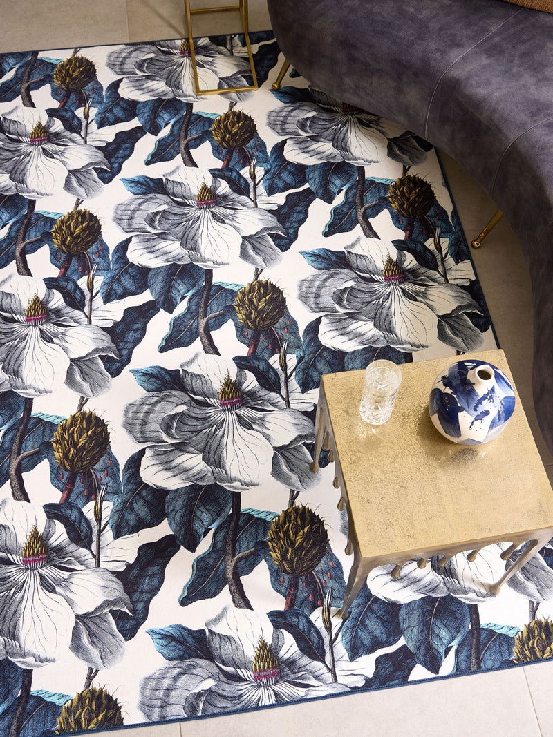 Hug Rug Navy Magnolia garden rug, UK version