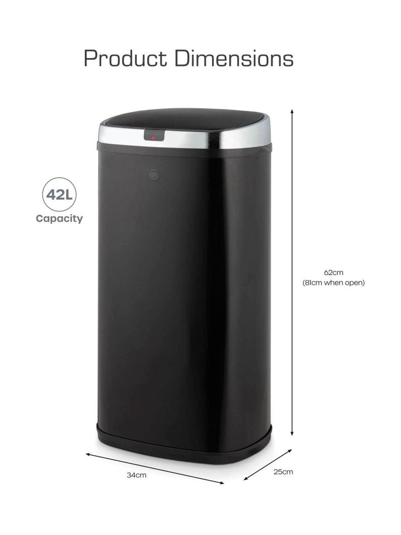 Swan black square sensor bin 42L (British brand)