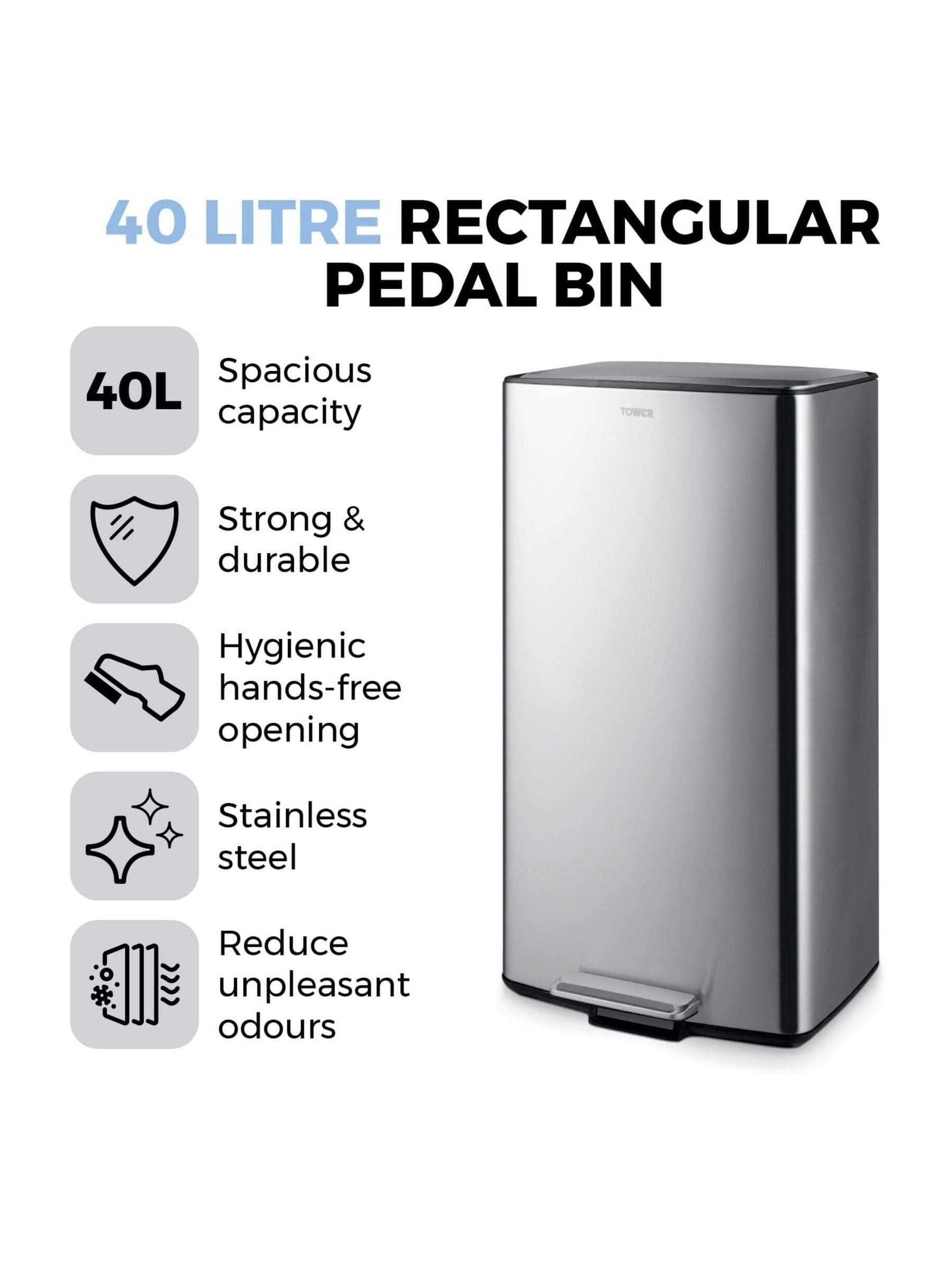 Tower stainless steel rectangular pedal bin 40L, UK version