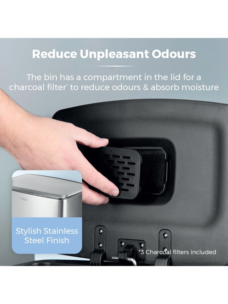 Tower stainless steel rectangular pedal bin 40L, UK version