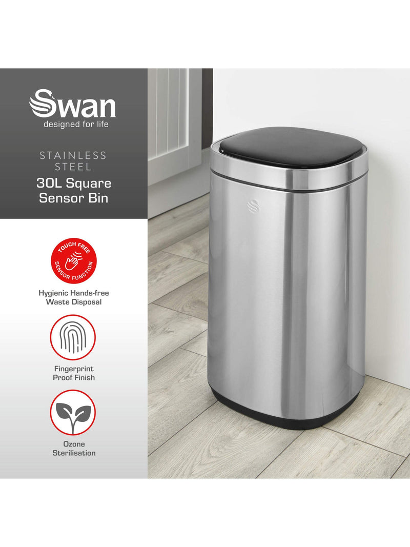 Swan stainless steel square kitchen sensor bin 30L (British brand)