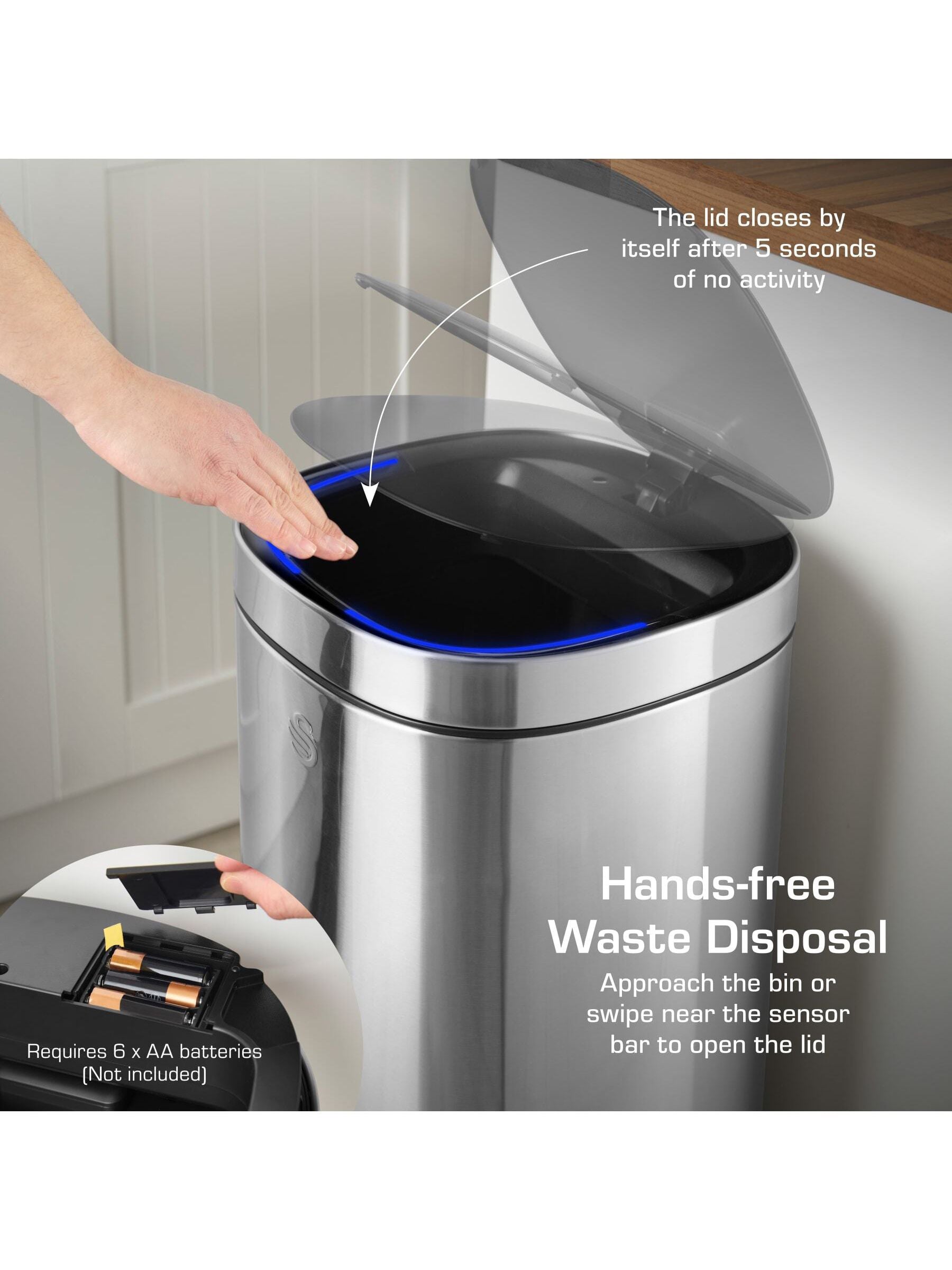 Swan stainless steel square kitchen sensor bin 30L (British brand)