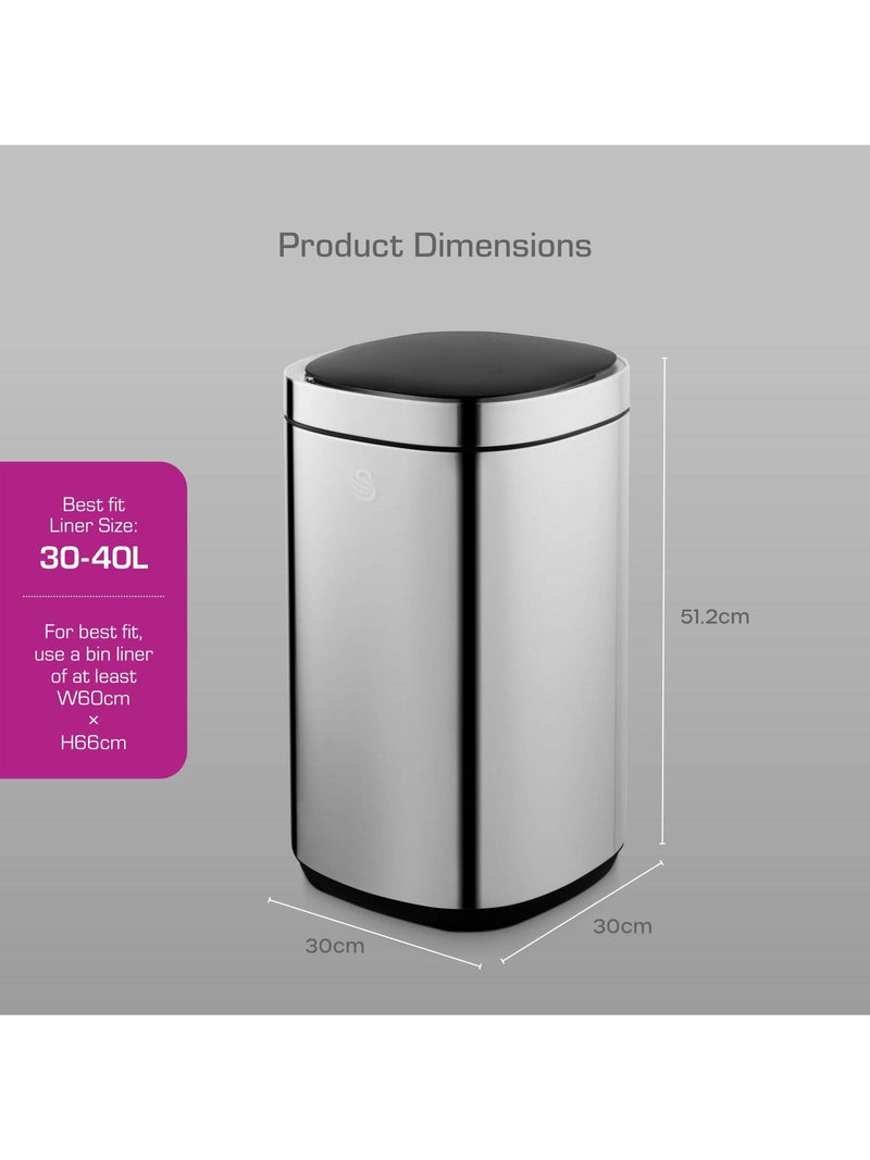 Swan stainless steel square kitchen sensor bin 30L (British brand)