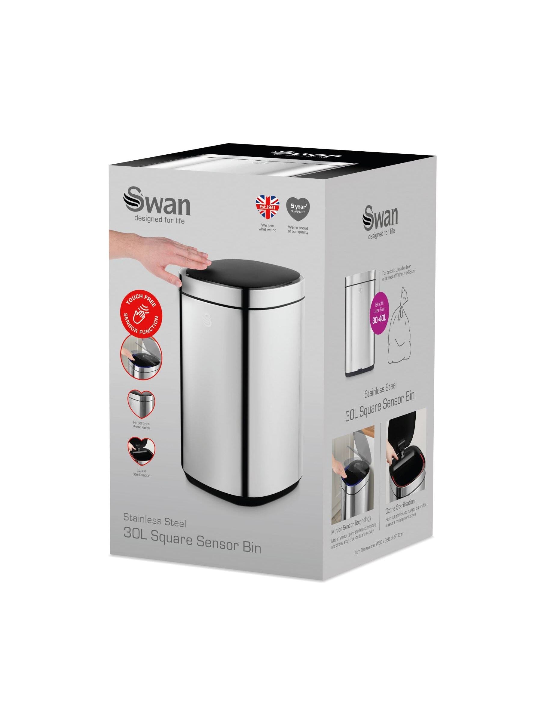 Swan stainless steel square kitchen sensor bin 30L (British brand)