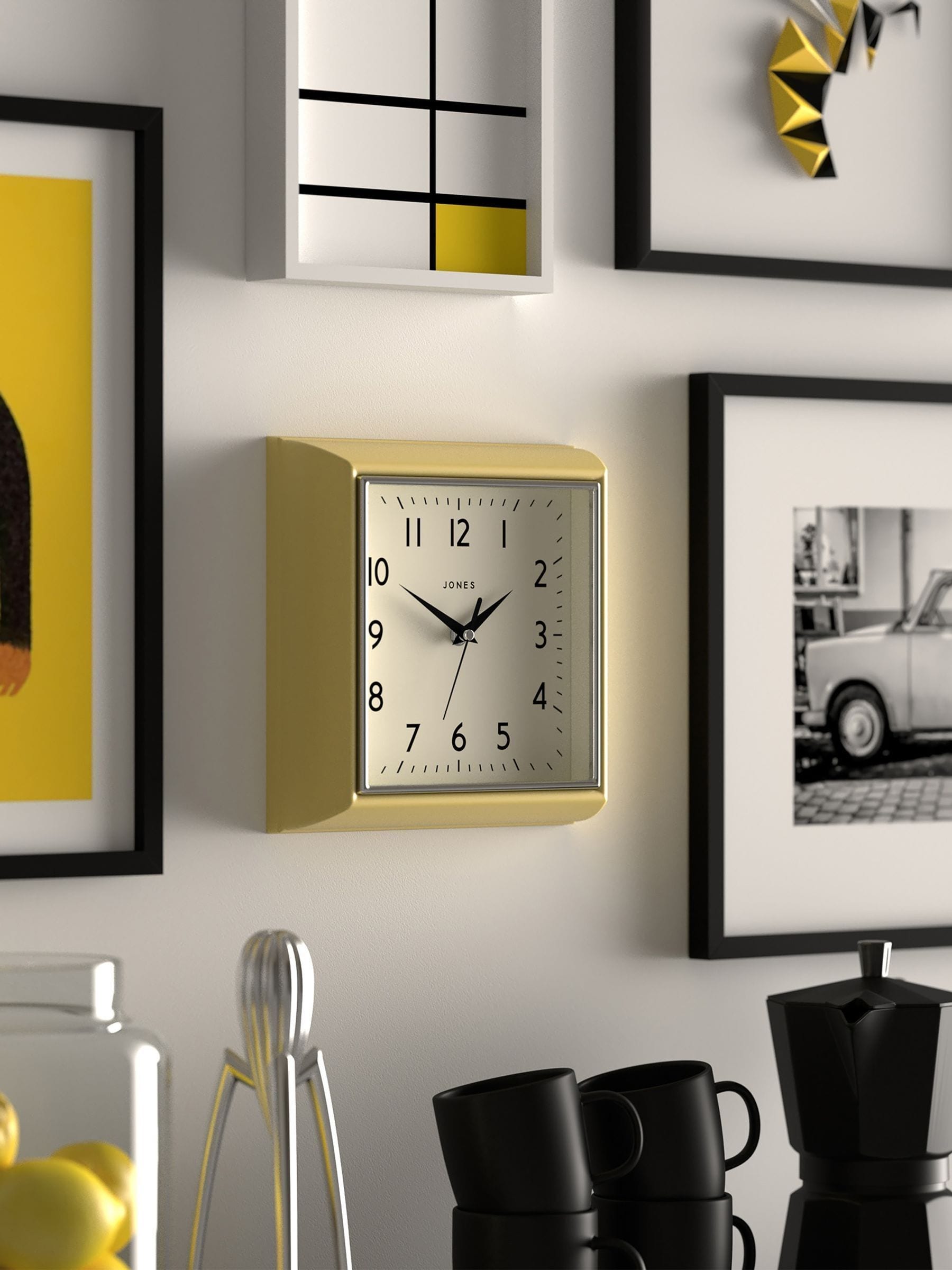 Jones Clocks Yellow A Retro Square Wall Clock, UK version