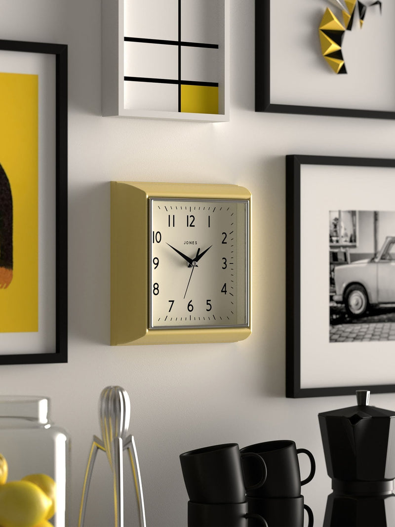 Jones Clocks Yellow A Retro Square Wall Clock, UK version