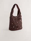 Chocolate brown crochet shoulder bag with shell charms - British product
