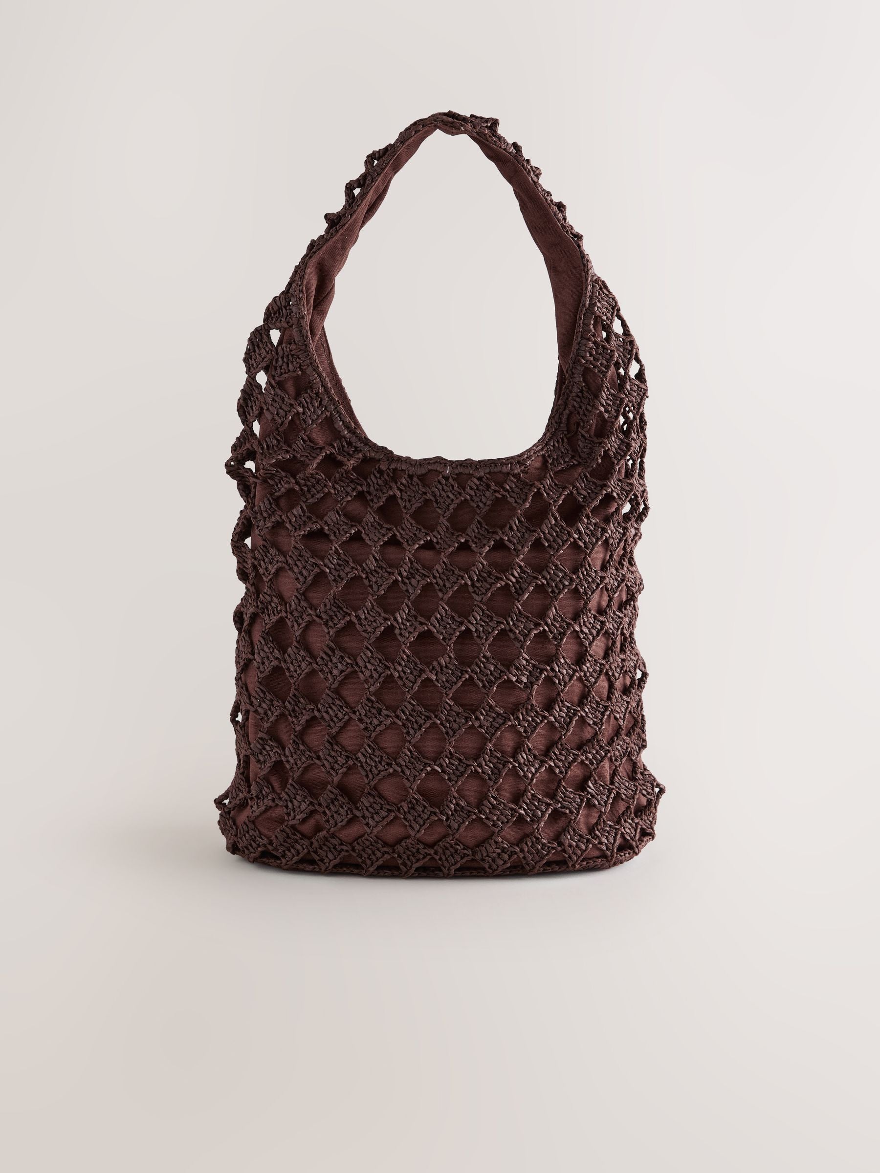 Chocolate brown crochet shoulder bag with shell charms - British product