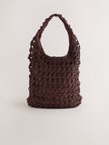 Chocolate brown crochet shoulder bag with shell charms - British product