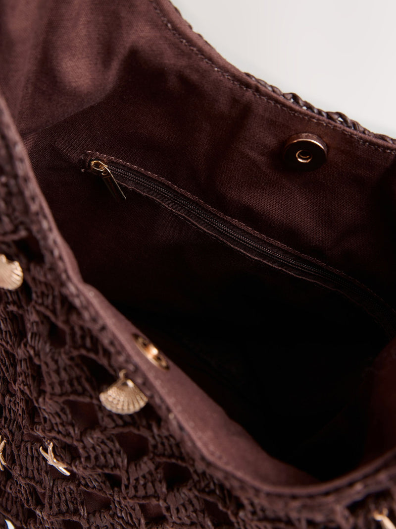 Chocolate brown crochet shoulder bag with shell charms - British product