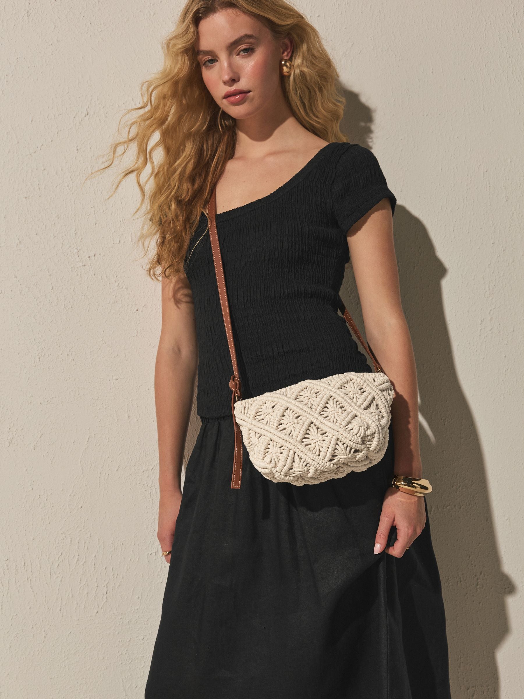 Natural macrame cross-body bag - British product