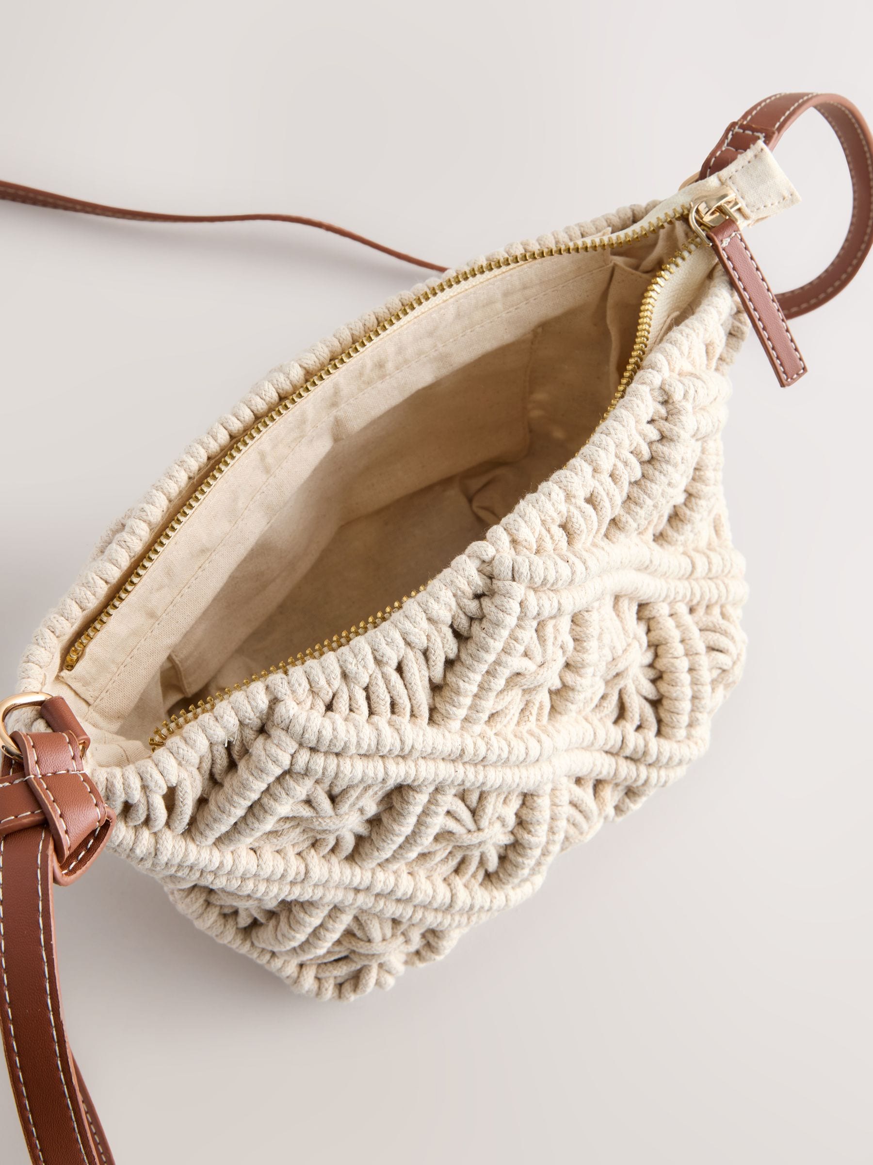Natural macrame cross-body bag - British product