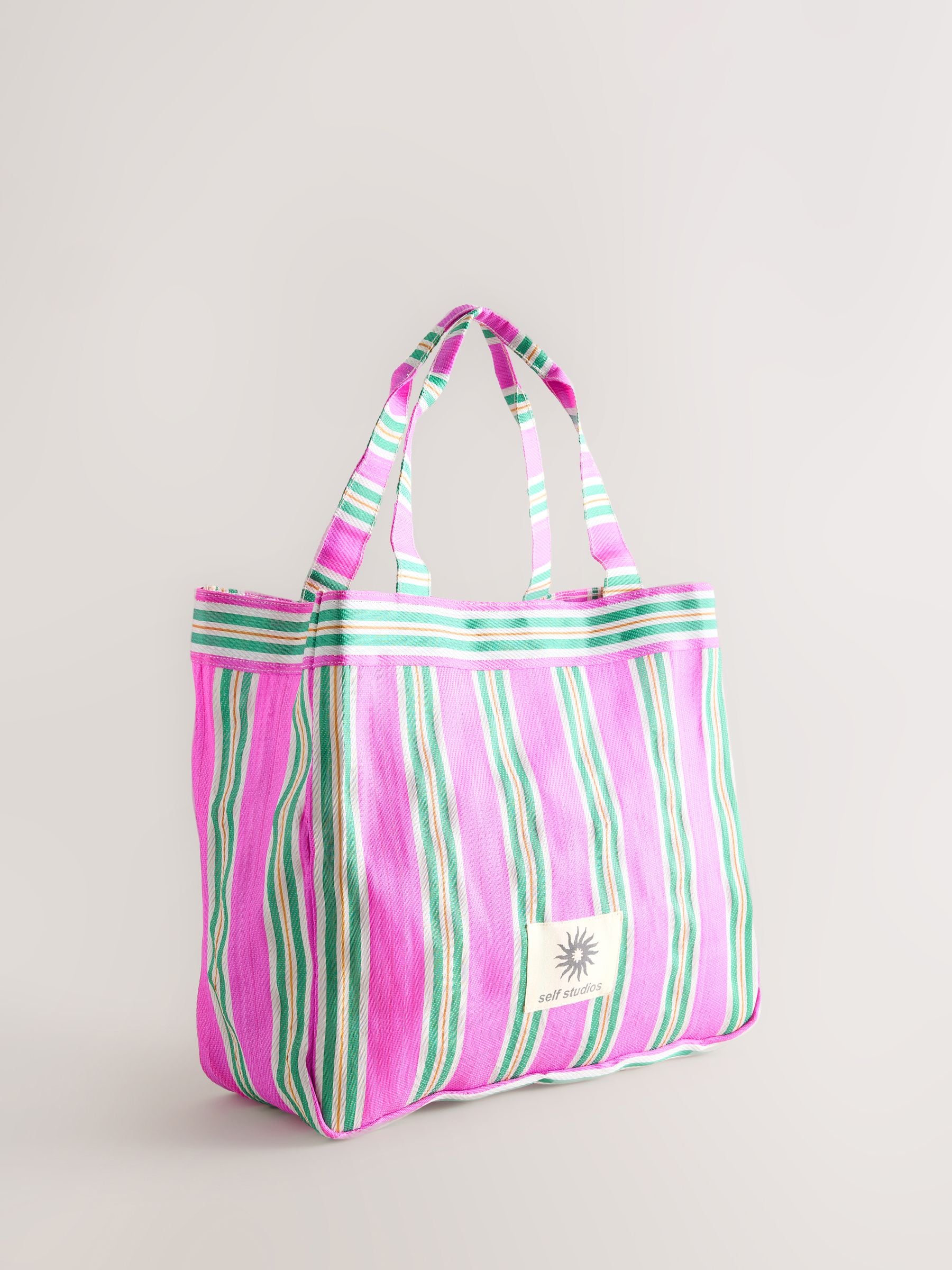 self. pink and green stripe tote bag, UK version