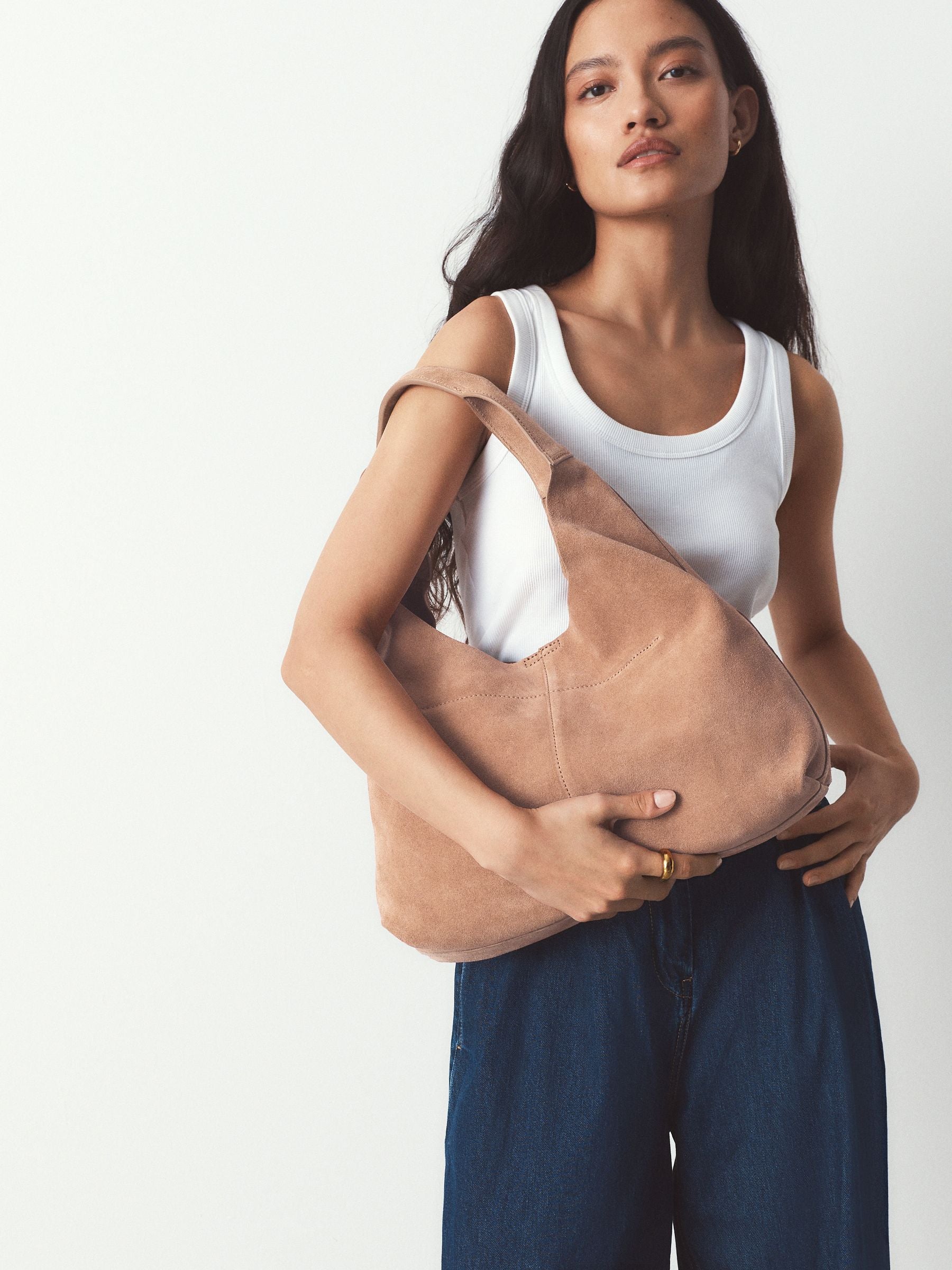 Light pink suede slouchy bag, 100% leather - British product