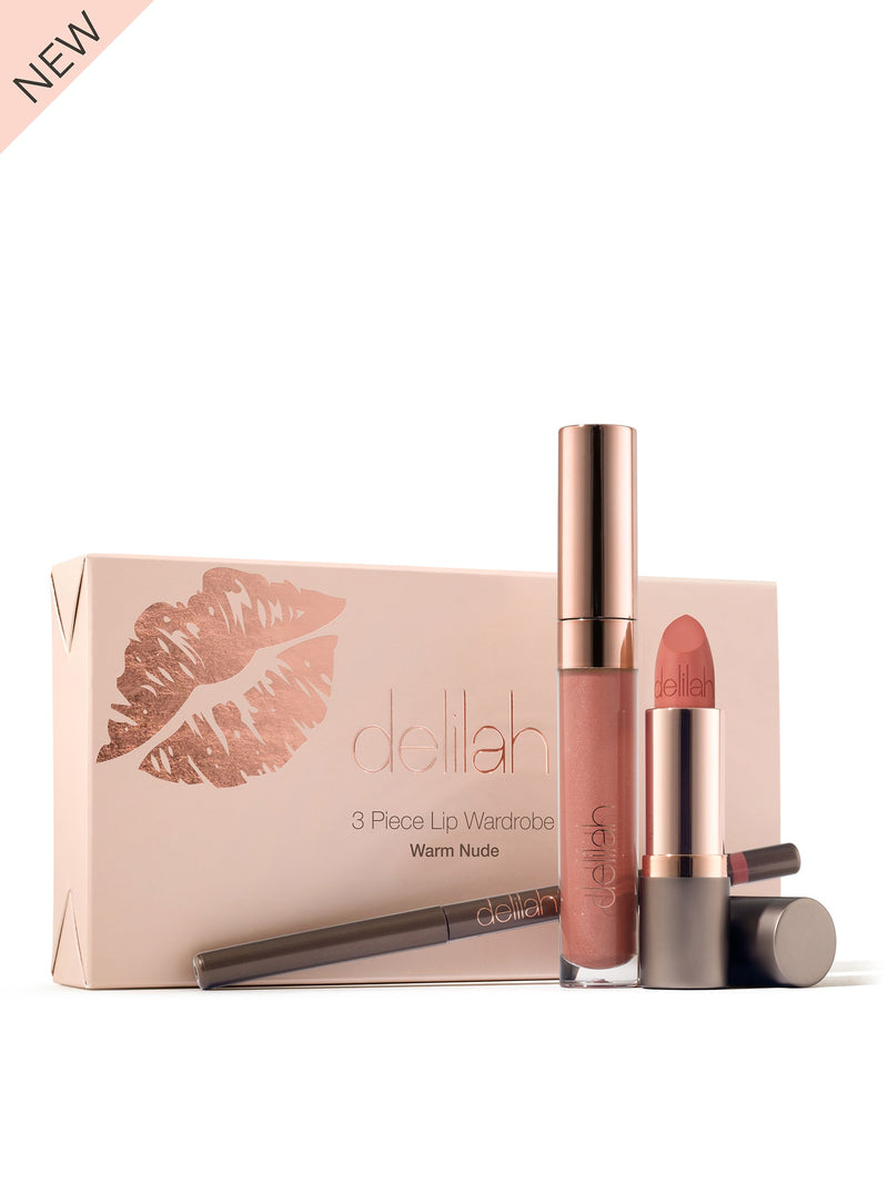 Delilah 3 piece lip wardrobe with liner, lipstick, and gloss - British product