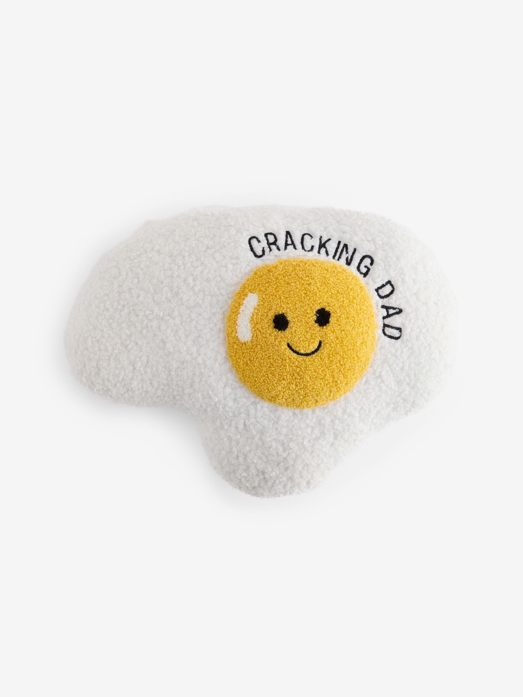 Father's Day cracking egg cushion in ochre yellow, imported from the UK