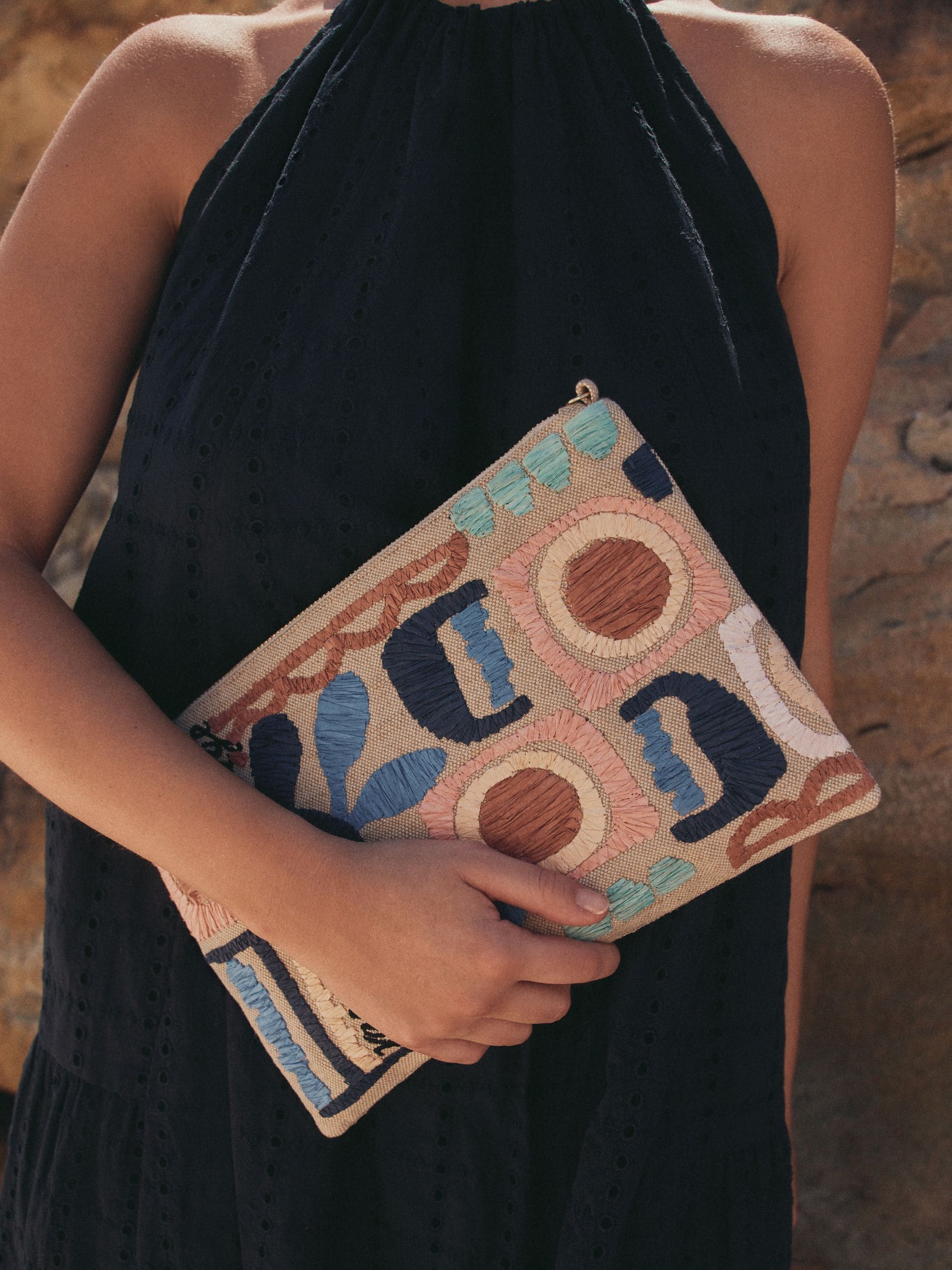 Natural Marrakesh embroidered clutch bag in jute and cotton - British product