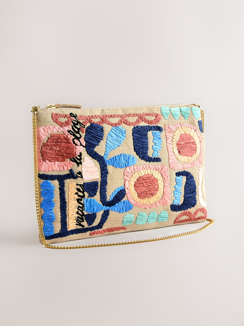 Natural Marrakesh embroidered clutch bag in jute and cotton - British product