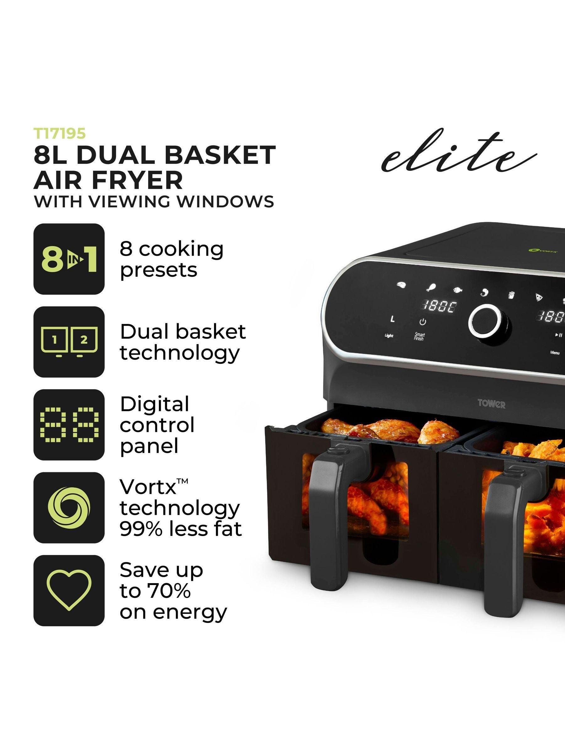 Tower Elite dual basket air fryer 8L, imported from the UK