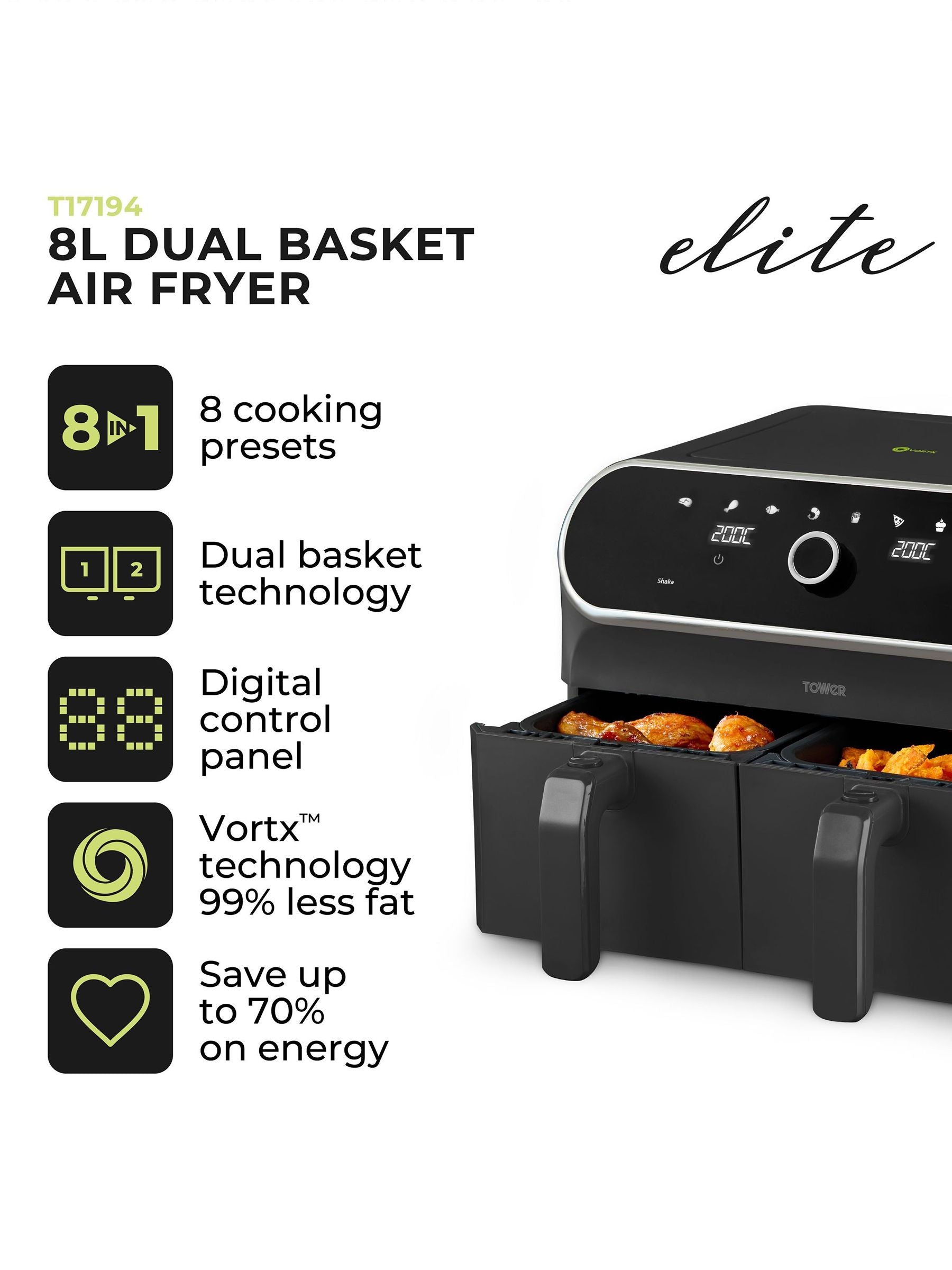 Tower Graphite 8L Dual Basket Air Fryer, imported from the UK